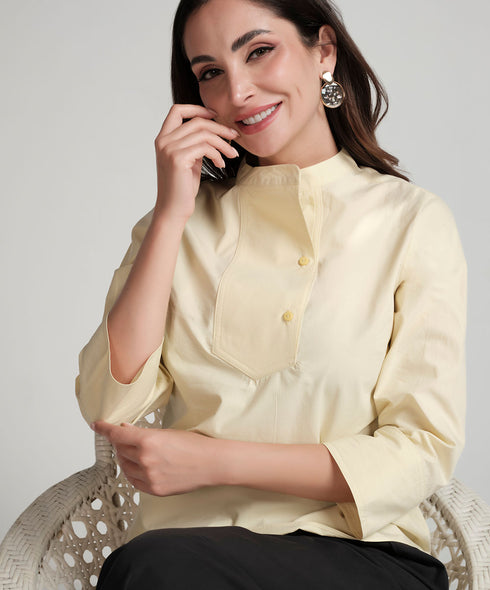 Crop Turn Up Sleeve Cotton Yellow Shirt